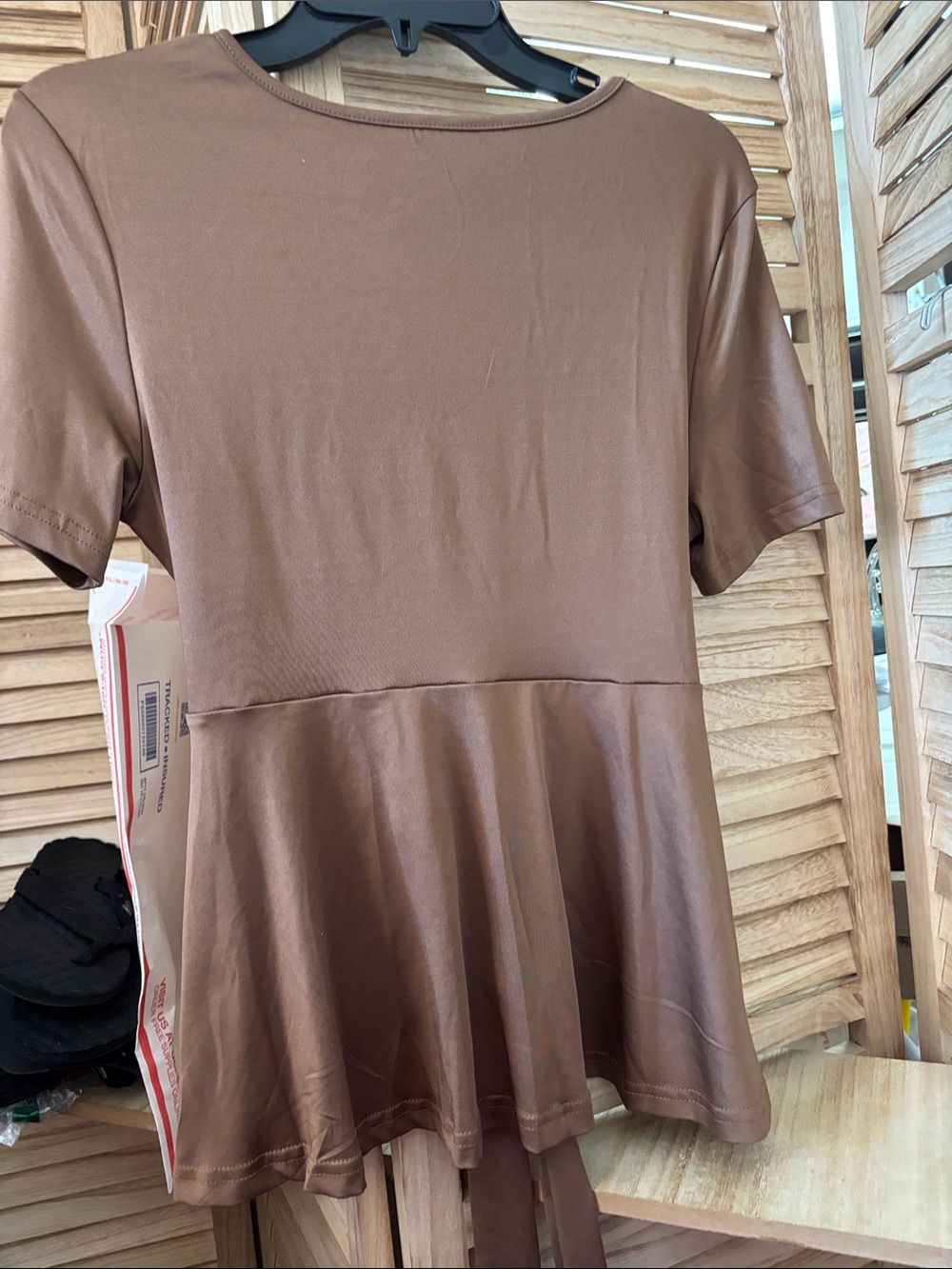 Brown Peplum Short-Sleeve Top - Junior Large